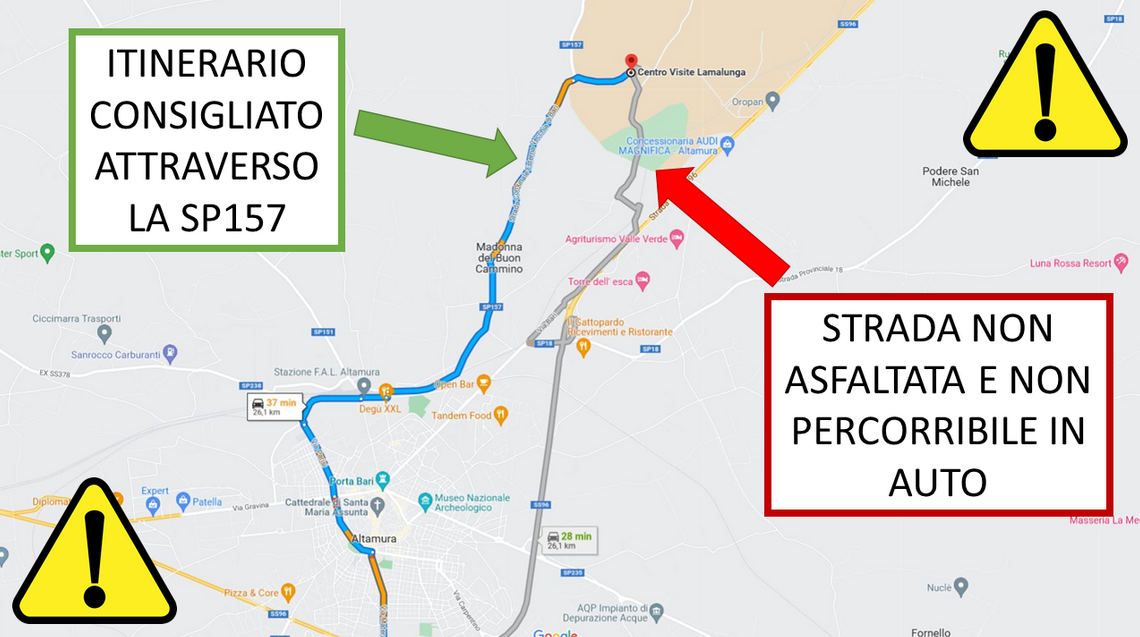Mappa del percorso consigliato lungo la SP157 fino al Centro Visite Lamalunga